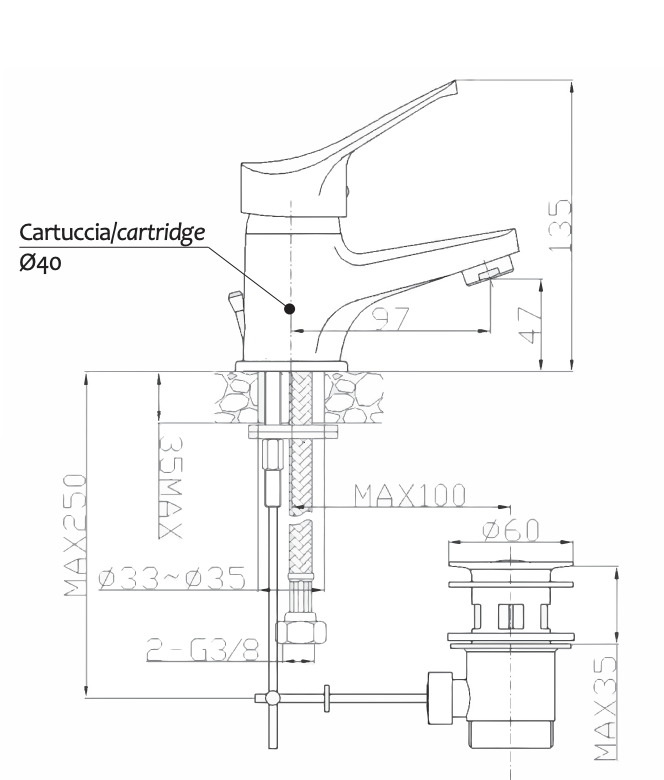 Miscelatore Lavabo SEI con Attacco Piletta 1"1/4