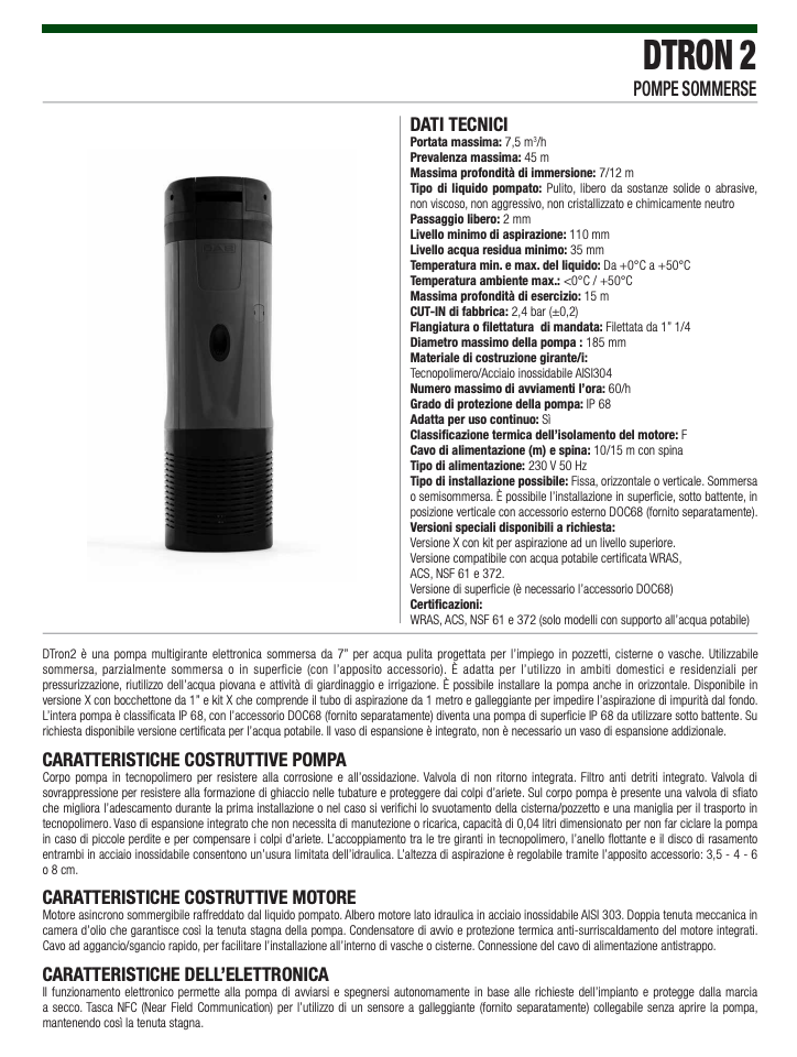 Elettropompa DTRON 2 sommergibile multigirante elettronica