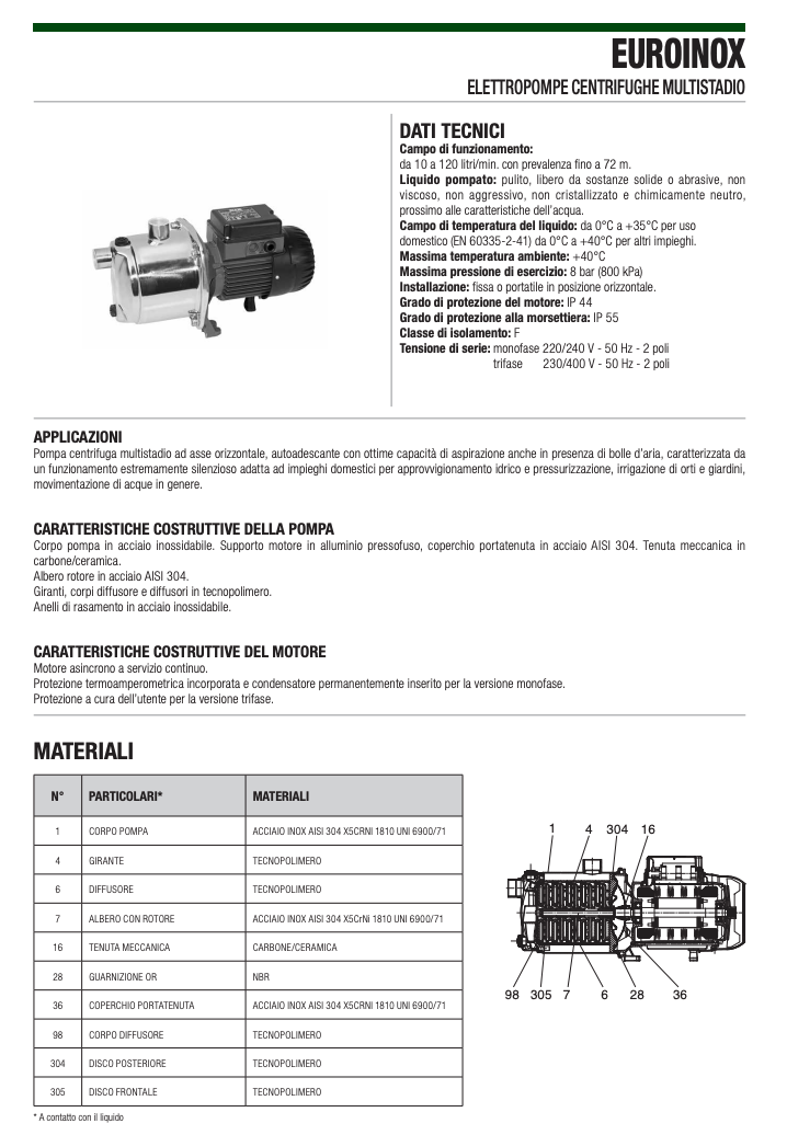 Elettropompa EUROINOX centrifuga multistadio con corpo in acciaio inox