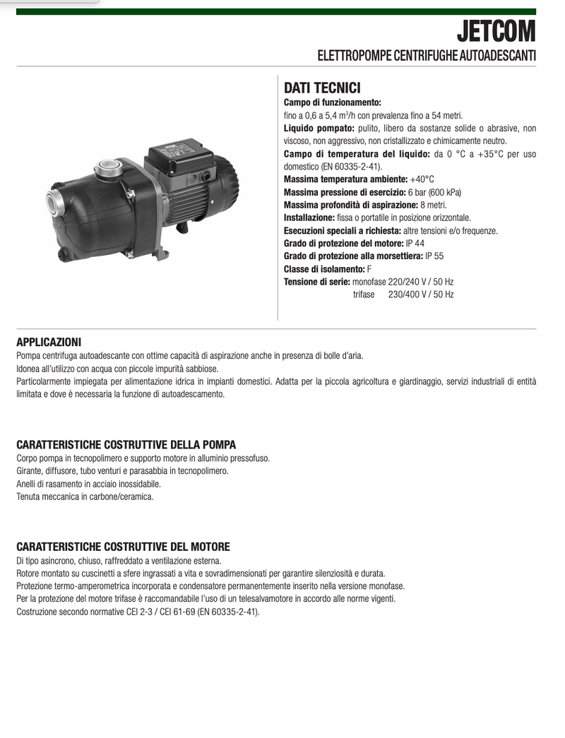Elettropompa JETCOM centrifuga autoadescante con corpo in tecnopolimero