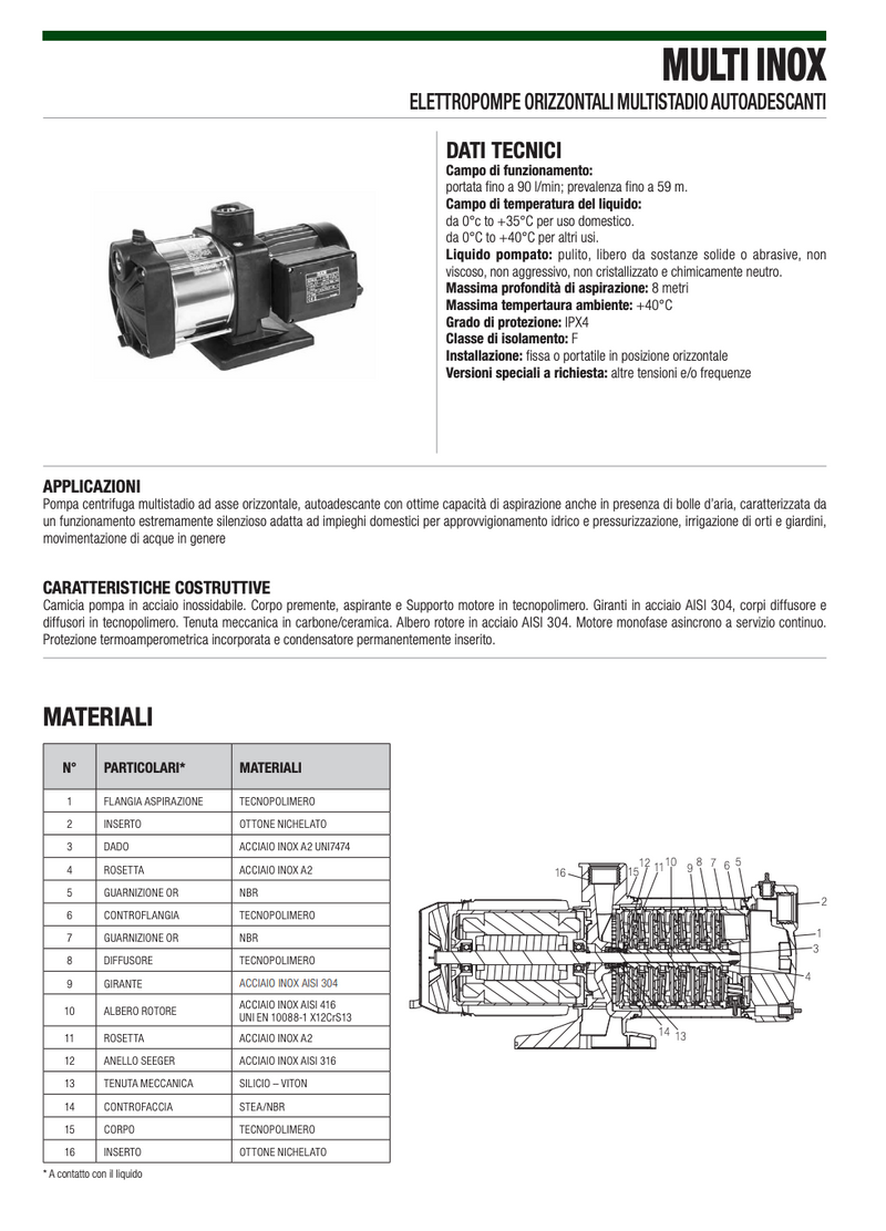 Elettropompa MULTI INOX orizzontale multistadio autoadescante