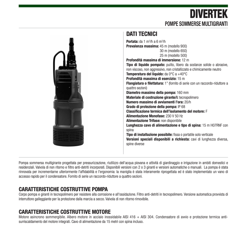 Elettropompa sommergibile multigirante DIVERTEK per acqua pulita