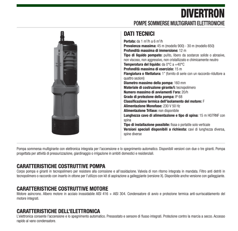 Elettropompa sommergibile elettronica multigirante DIVERTRON per acqua pulita